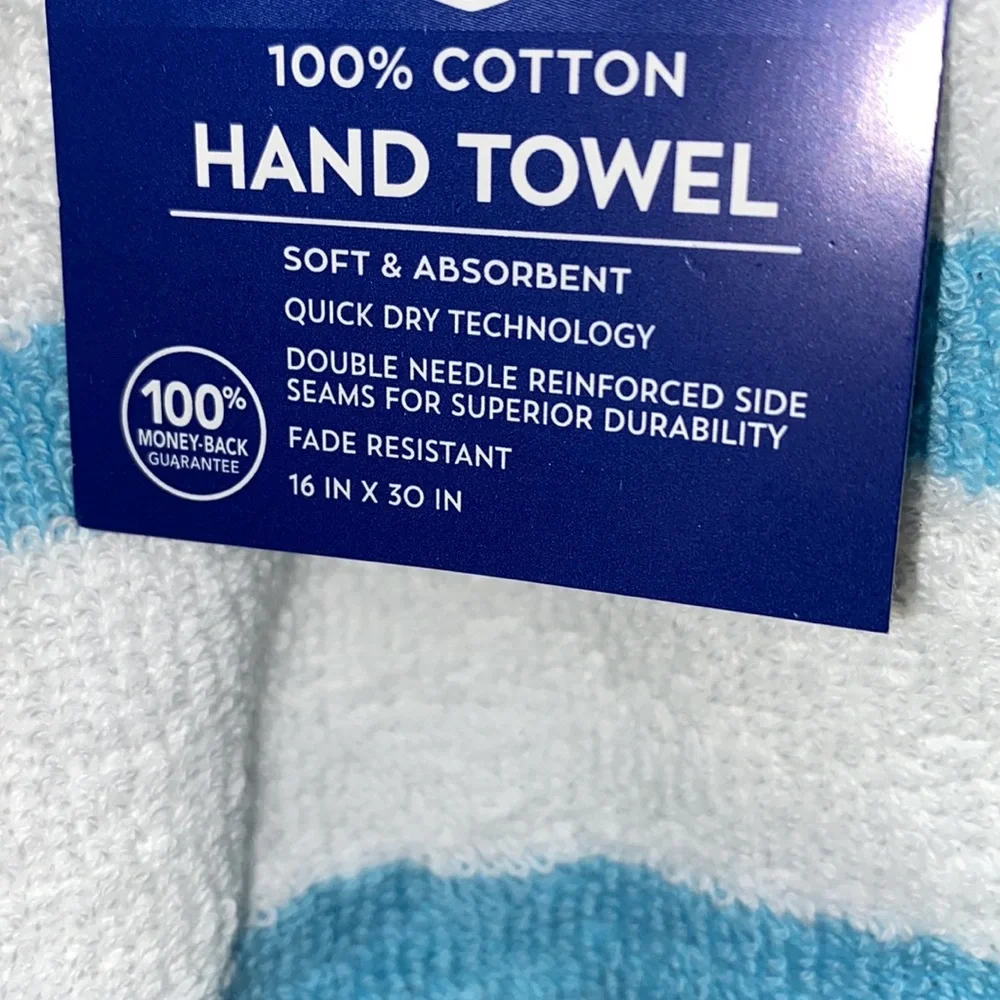 🩵🐚🩵NWT 100% Cotton Hand Towels Striped Agua/White Bundle Set
